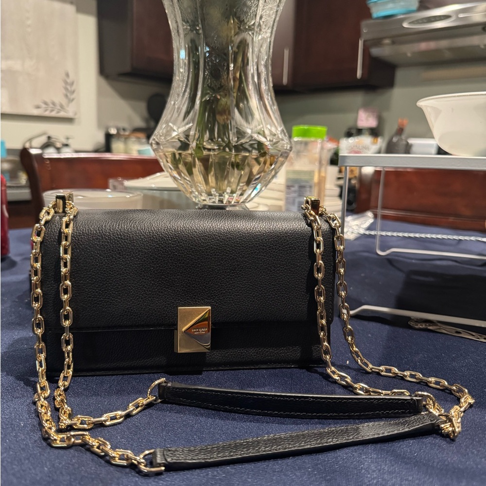 kate spade new york Deco Mini Leather Flap Chain Crossbody | luxury black clutch - Picture 7 of 8